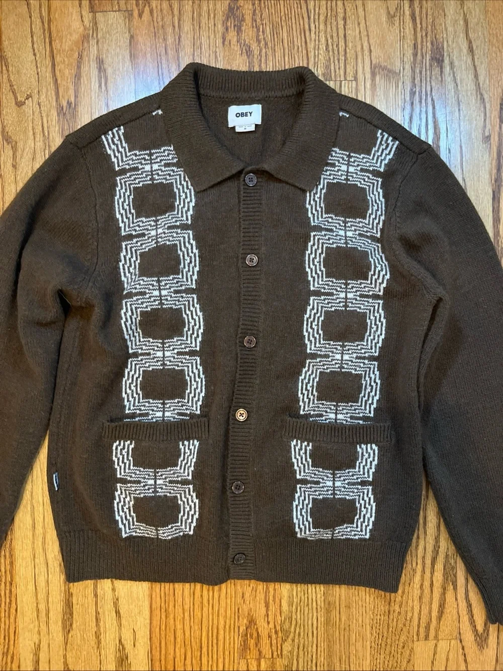 Obey Men's Button Up Cardigan Sweater Verdugo Brown M Grandpa Mod Skater Grunge